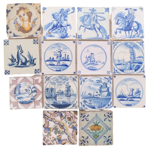 425 - 14 Delft tiles, including 3 depicting horsemen, 13cm (some A/F)