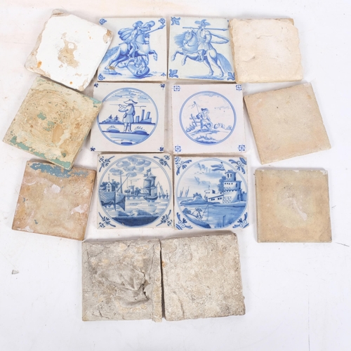 425 - 14 Delft tiles, including 3 depicting horsemen, 13cm (some A/F)