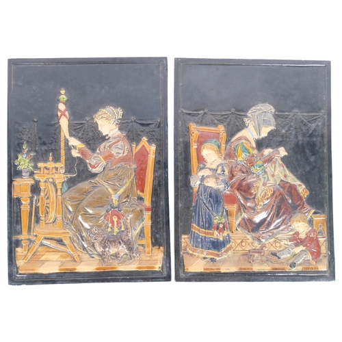 427 - A pair of large Continental Bickweiler embossed tile plaques, depicting Medieval ladies at a spinnin... 