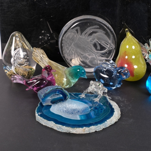 439 - A Langham glass pear, 11cm, an agate slice, glass birds, Goebels lobster, etc