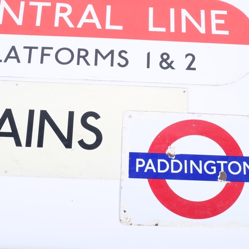 50 - A railway enamel sign for Paddington, 38cm x 29cm, a tin sign for Trains, and another railway sign f... 