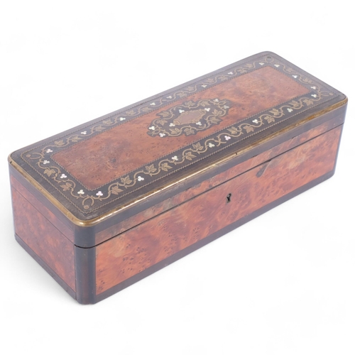 75 - A 19th century French burr-walnut glove box, brass and mother-of-pearl inlaid decoration, together w... 