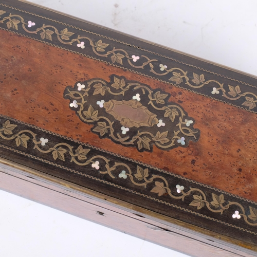 75 - A 19th century French burr-walnut glove box, brass and mother-of-pearl inlaid decoration, together w... 