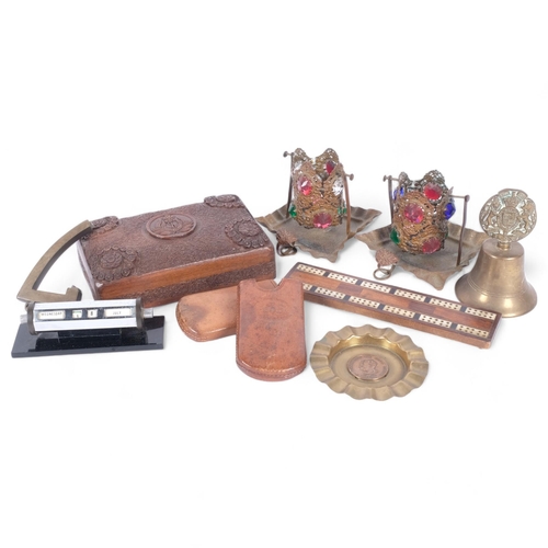 91 - A group of various items, including carved wooden box with Naval motif, a pair of candle holders, de... 