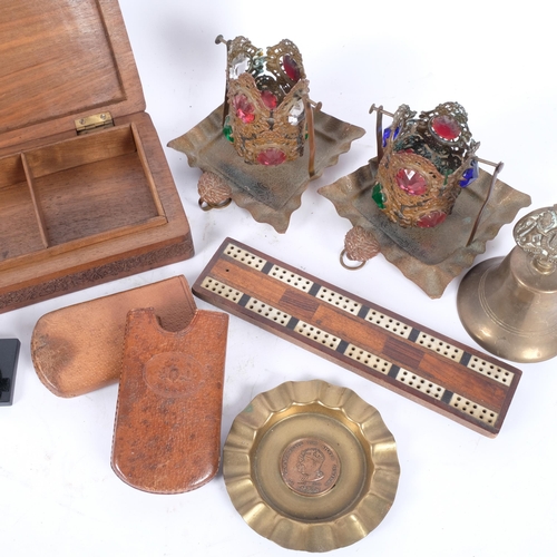 91 - A group of various items, including carved wooden box with Naval motif, a pair of candle holders, de... 