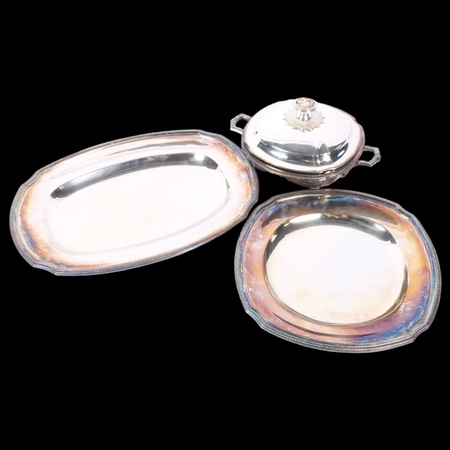 1054 - CHRISTOFFEL - 2 silver plated serving dishes with cast edge, and a silver plated 2-handled entree di... 