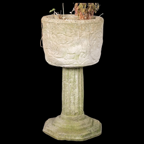 2811 - A weathered concrete two-section planter on stand. 40x79cm.