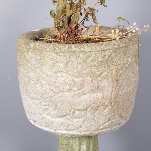 2811 - A weathered concrete two-section planter on stand. 40x79cm.