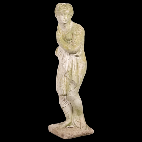 2818 - A weathered concrete garden statue, study of a lady. Height 81cm.