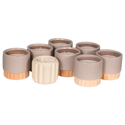 2827 - Eight scented candles in terracotta pots. Largest 14x13cm.