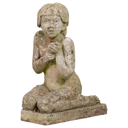 2838 - A weathered concrete garden statue, study of nude female on plinth base. Height 54cm.