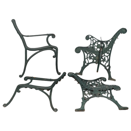 2840 - Two pairs of painted cast iron garden bench ends. Largest 65x76cm.