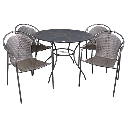 2842 - A modern circular topped garden table, 100x71cm, with four matching stacking chairs.