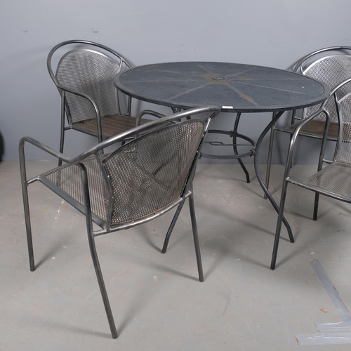 2842 - A modern circular topped garden table, 100x71cm, with four matching stacking chairs.