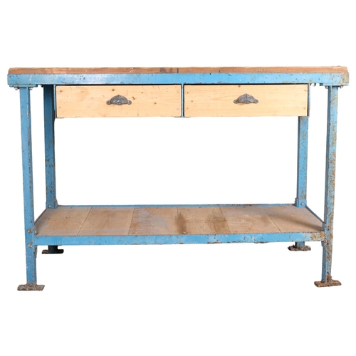 2849 - A pine and painted metal framed two-tier work bench with two frieze drawers. 130x89x50cm.