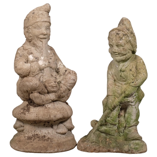 2854 - Two various weathered concrete garden gnomes. Tallest 58cm.