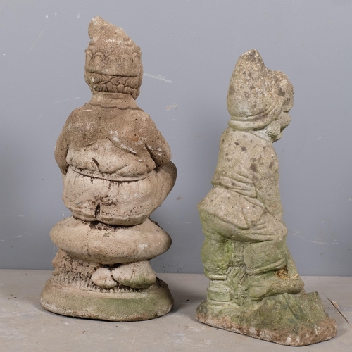 2854 - Two various weathered concrete garden gnomes. Tallest 58cm.