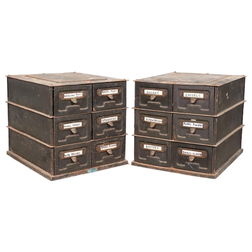 2863 - Two metal industrial six-drawer stacking filing chests, with indistinct maker's label. Each 36x36x43... 