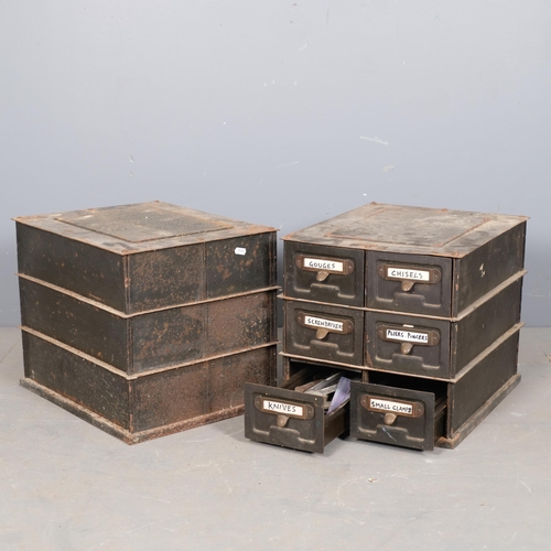 2863 - Two metal industrial six-drawer stacking filing chests, with indistinct maker's label. Each 36x36x43... 