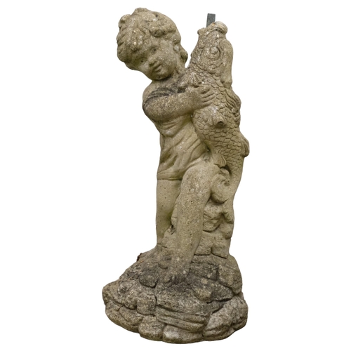 2877 - A weathered concrete water-feature, in the form of a boy holding a fish. Height 58cm.