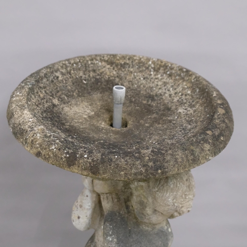 2878 - A weathered concrete three-section water feature, with bowl  on figural support and plinth base. Hei... 