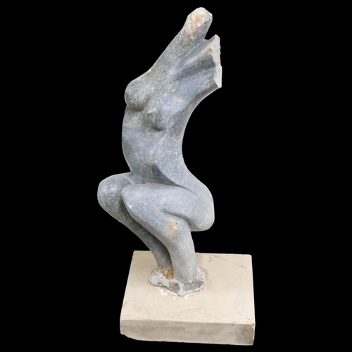 2897 - A hand carved green opal sculpture, study of a female nude on pedestal. Height 84cm.