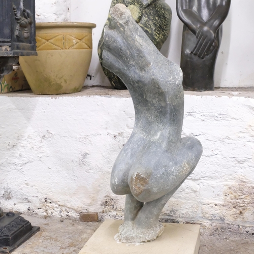 2897 - A hand carved green opal sculpture, study of a female nude on pedestal. Height 84cm.