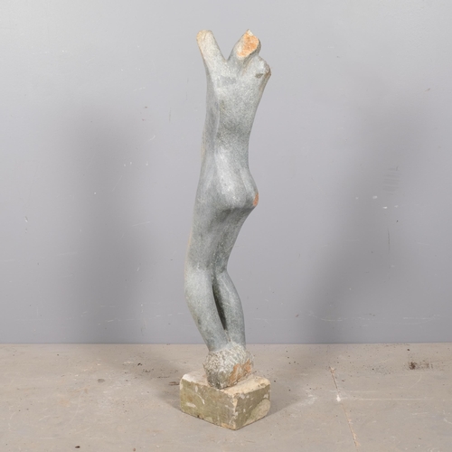 2900 - A hand carved green opal sculpture, study of a female nude on pedestal. Height 101cm.