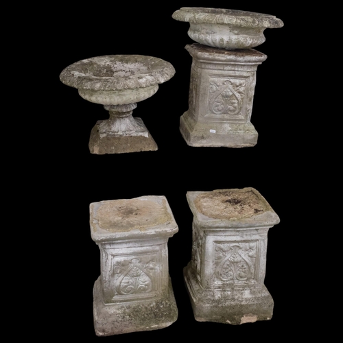 2905 - Three Art Nouveau style concrete plinths, 30x40, A pair of concrete garden urns, one lacking stand, ... 