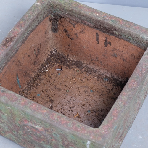 2926 - A square crackle-glazed terracotta planter, with impressed crest initialled LR to front. 47x32cm.