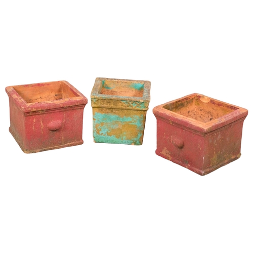 2927 - Three square painted terracotta planters. Largest 26x20cm.