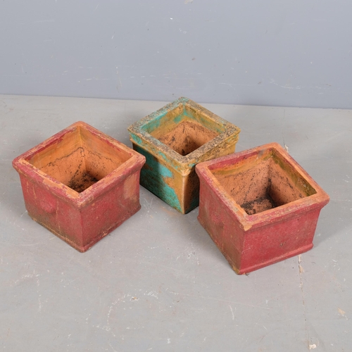 2927 - Three square painted terracotta planters. Largest 26x20cm.