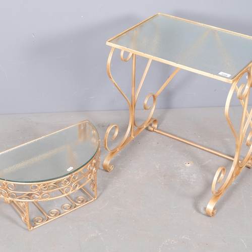 2952 - A gilt painted side table with inset frosted glass top, 51x59x38cm, and a similar demi-lune wall she... 