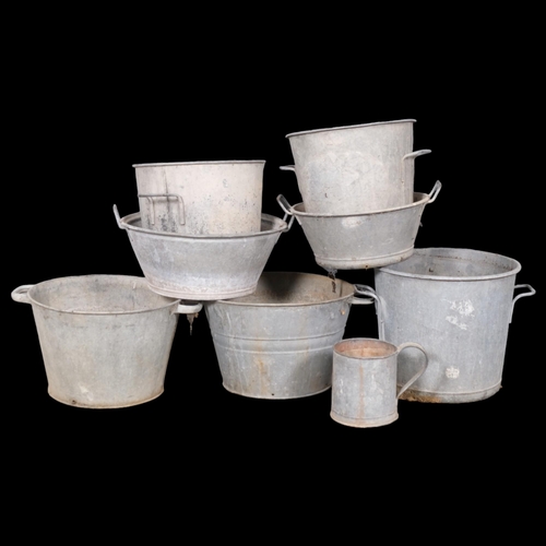 2961 - Seven various galvanised buckets, and a smaller planter. Largest 48x32cm. (8)