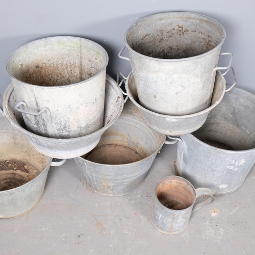 2961 - Seven various galvanised buckets, and a smaller planter. Largest 48x32cm. (8)