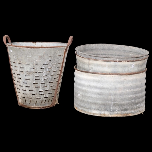 2962 - Two galvanised buckets, a hanging basket and oyster bucket, 45x45cm. (4)