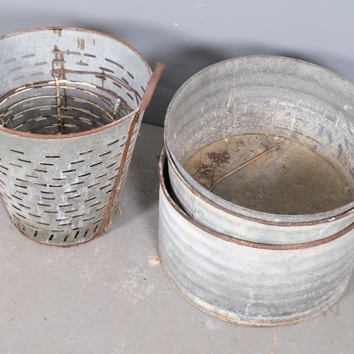 2962 - Two galvanised buckets, a hanging basket and oyster bucket, 45x45cm. (4)