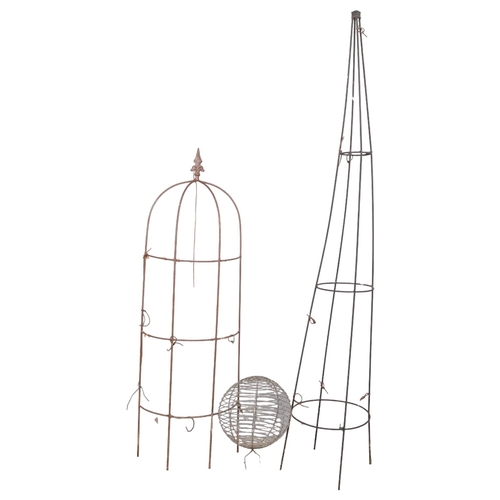 2964 - Two garden wirework obelisks, tallest 173cm, and a spherical ornament. (3)