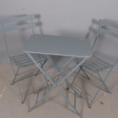 2966 - A grey-painted folding bistro set, comprising a rectangular folding table, 57x74x37cm, and two match... 