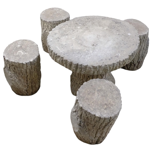 2973 - A concrete live-edge design low garden table, 77x54cm,. with four log-design concrete stools.