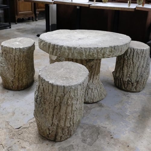 2973 - A concrete live-edge design low garden table, 77x54cm,. with four log-design concrete stools.