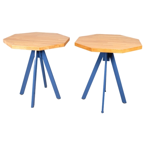 2986 - A pair of octagonal oak-topped pub tables on painted metal bases. 72x79cm.