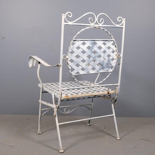 2988 - A painted metal folding garden armchair with lattice seat and back panels.