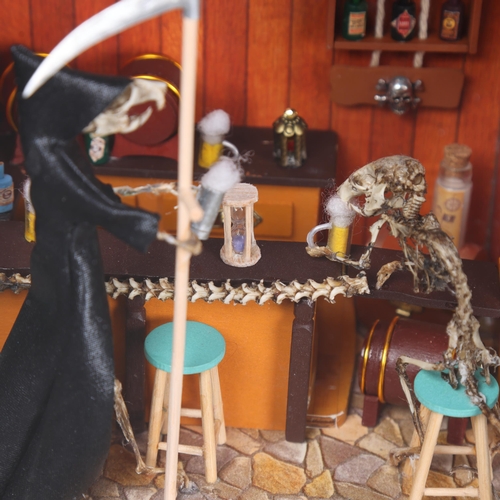 3026 - Taxidermy: “The Grim Reaper and The Drunkard” Mice Skeleton Bar Diorama. 
A superbly detailed miniat... 