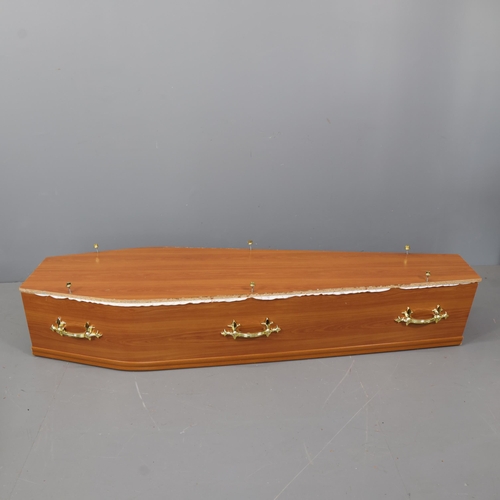 3032 - Curiosity/Macabre : A full-size modern chipboard white silk lined coffin, with six plastic brass eff... 