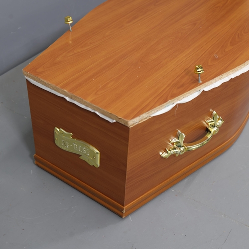 3032 - Curiosity/Macabre : A full-size modern chipboard white silk lined coffin, with six plastic brass eff... 