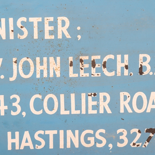 3046 - Curiosity/Macabre : A vintage wooden painted sign, 'Minister: Rev. John Leech, B.A., Hastings', 30cm... 