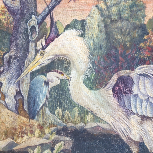 3049 - An oil on board, woodland dreamscape scene, Heron's in pond, signed and dated 1978, framed, 55cm x 4... 