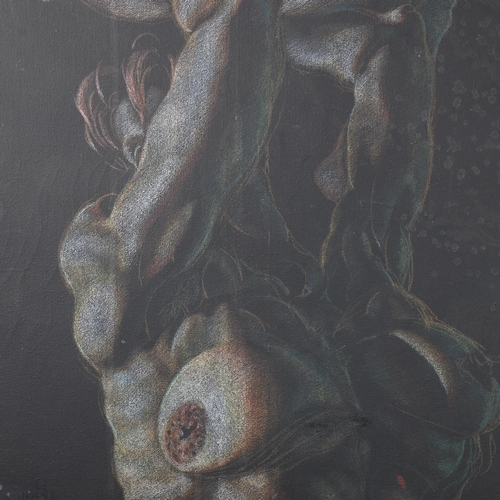 3056 - Curiosity/Macabre : A large surrealist oil on canvas of nudes, indistinctly signed in the bottom rig... 