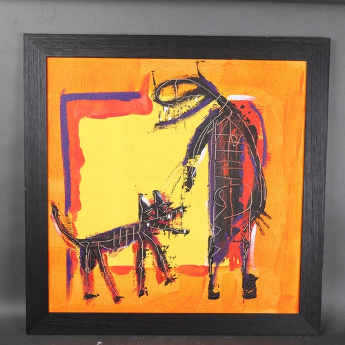 3076 - Carl Walter Imthurn (Born 1961), a colourful abstract oil on board, figure and dog, unsigned, framed... 